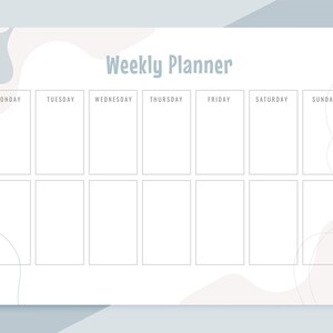 Puede incluir: Un planificador semanal con fondo blanco y formas abstractas azul claro y beige. El planificador está dividido en siete columnas para cada día de la semana: lunes, martes, miércoles, jueves, viernes, sábado y domingo. Cada columna tiene tres filas para escribir.