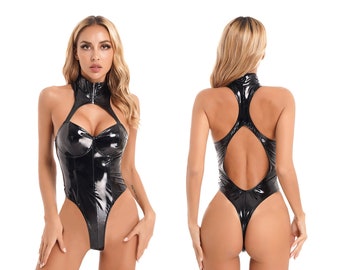 Justaucorps PVC, body col haut, tenues pour dominatrice, body imitation latex