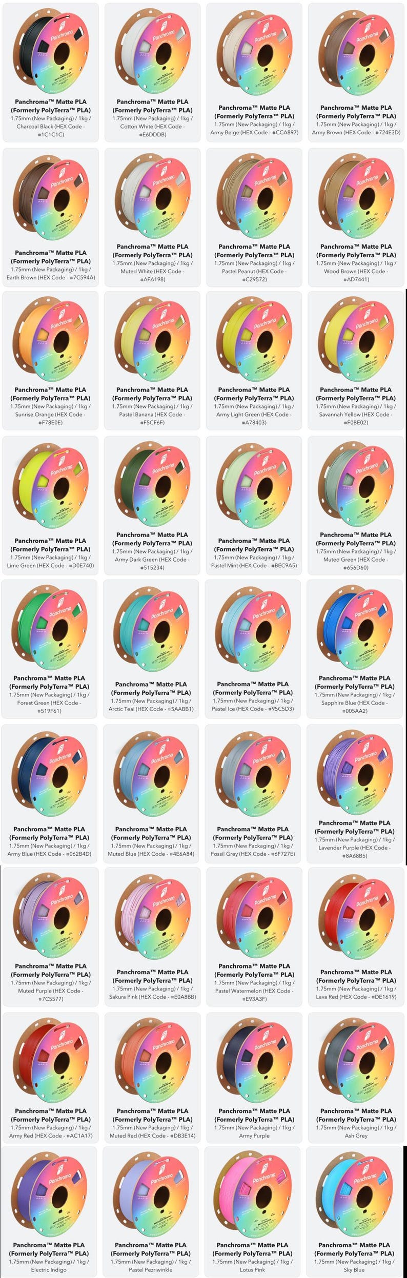 Puede incluir: Una colecci&oacute;n de bobinas de filamento Panchroma Matte PLA en varios colores, incluyendo negro, blanco, beige, marr&oacute;n, naranja, amarillo, verde, azul, morado y rojo. Cada bobina es de 1,75 mm y pesa 1 kg.