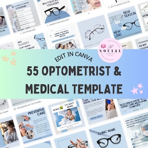 Könnte beinhalten: Werbegrafik für eine Augenoptiker- und medizinische Vorlage mit verschiedenen Designs mit Brillen und Informationen zur Augenpflege. Der Text "Edit in Canva" und "55 Optometrist & Medical Template" sind deutlich sichtbar.