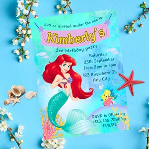 Faire-part pour enfants petite sirène, sirène princesse Ariel, anniversaire imprimable, modifiable
