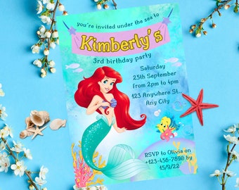 Little Mermaid Kids Invitation, Mermaid Princess Ariel, Birthday Printable, Editable