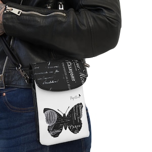 Kleine leren mobiele telefoonportemonnee Franse vlinder, papillonontwerp, kaartvakken