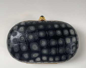 Black Faux Snakeskin Minaudiere Clutch