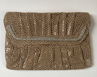 Beige Faux Snakeskin Clutch