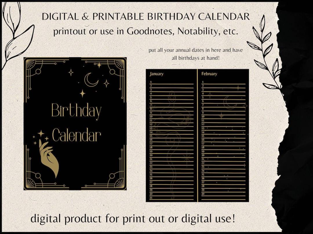 Digital Birthday Calendar Printable Birthday Calendar Etsy