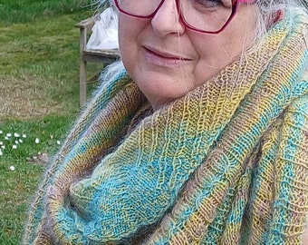 Gentle yellow butterfly scarf, soft wool, yellow, brown, turquoise, warm