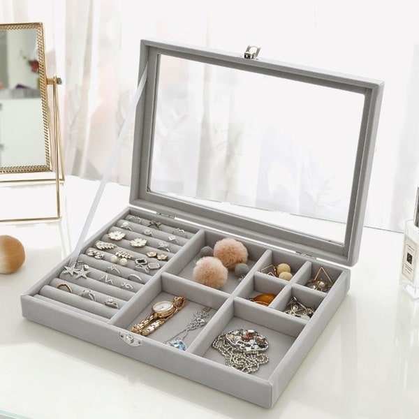 Velvet Jewelry Organizer, Grey Large Organizer, Luxury Jewelry Box, Birthday Gifts, Jewelry Storage, Perfect Gift for Her