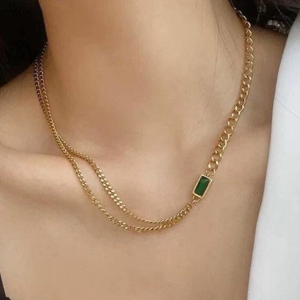 Gold Cuban Link Chain, Emerald Necklace, Green Gemstone Necklace, Dainty Jewelry, Gift for Her