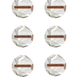 May include: Six circular designs with a topographic pattern in black and beige. Each circle has a brown rectangular label with the text "Purposeful Portfolios" in white. The background is white.