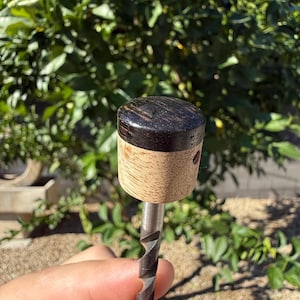 Puede incluir: Un mango de broca de madera con una parte superior marrón oscuro y un cuerpo marrón claro. La broca es de metal y tiene un diseño en espiral. El mango se sostiene frente a un fondo verde borroso.