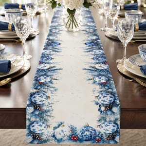 Chinoiserie Christmas Table Runner, Holiday Dining Decor, Festive Blue White Cotton Polyester, Xmas Kitchen Table Decoration, Gift for Home