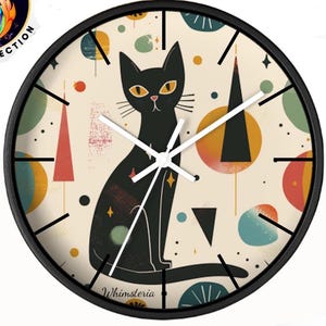 May include: A 10-inch diameter black framed clock with a white background and a black cat with yellow eyes. The clock face has a retro atomic design with colorful geometric shapes and dots. The clock is made of birch wood, plexiglass, and metal. It has a pre-installed backside hook and requires one AA battery (not included).