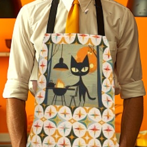 Atomic Black Cat Grilling Apron: 50s Style Kitchen Decor