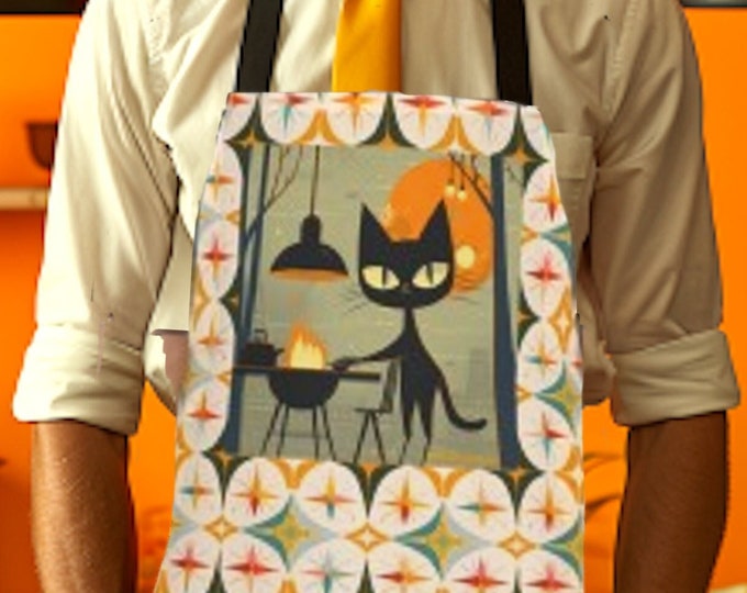 Atomic Black Cat Grilling Apron: 50s Style Kitchen Decor
