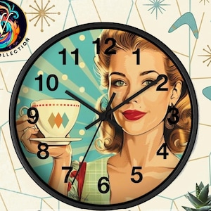 May include: A round wall clock with a black frame featuring a retro illustration of a woman holding a teacup. The clock face has black numerals and hands. The words "Mid Century Modern Wall Clock" are at the bottom.