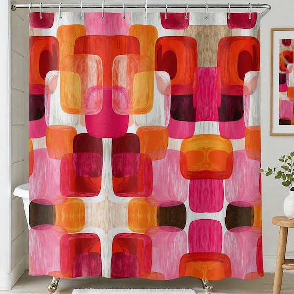 Rideau de douche rétro abstrait abstrait rouge rose orange des années 1960