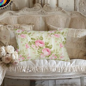Shabby Chic Pink Rose Floral Lumbar Pillow, Shabby Chic French Country Roses Accent Pillow,Floral Pink Rose Throw Pillow,Vintage Style Decor