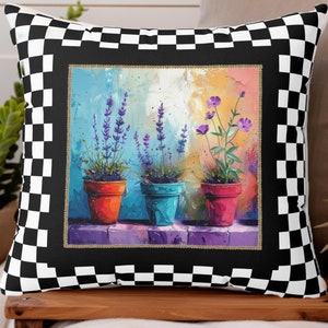 Floral Clay Pot Pillow: Spring Flower Accent, Black and White Checker