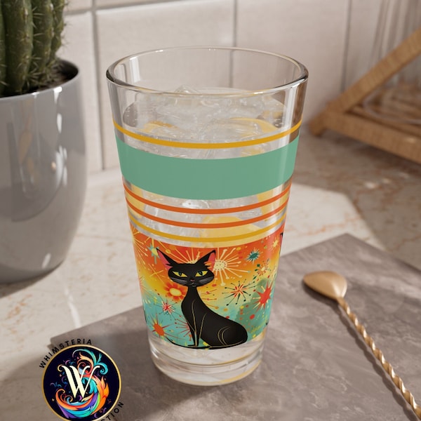 MCM Mid Century Mixing Glass 16oz, Atomic Cat Kitchen Decor, Cute Atomic Cat Glasses, Atomic Cat Beer Glasses, Atomic Cat Drinkware,Cocktail