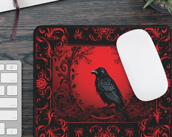Black Raven Mouse Pad: Red Accent, Artistic Desk Mat