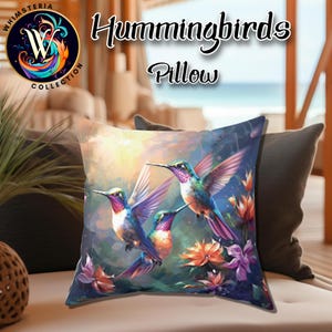 Hummingbird Floral Square Pillow, Colorful Throw Cushion for Couch, Decorative Accent Pillow, Spring Home Decor, Vibrant Flower Bird Pillow