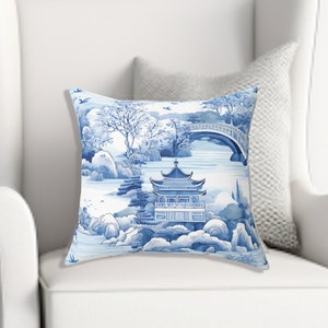 Blue and White Chinoiserie Throw Pillow: Asian Botanical Decor