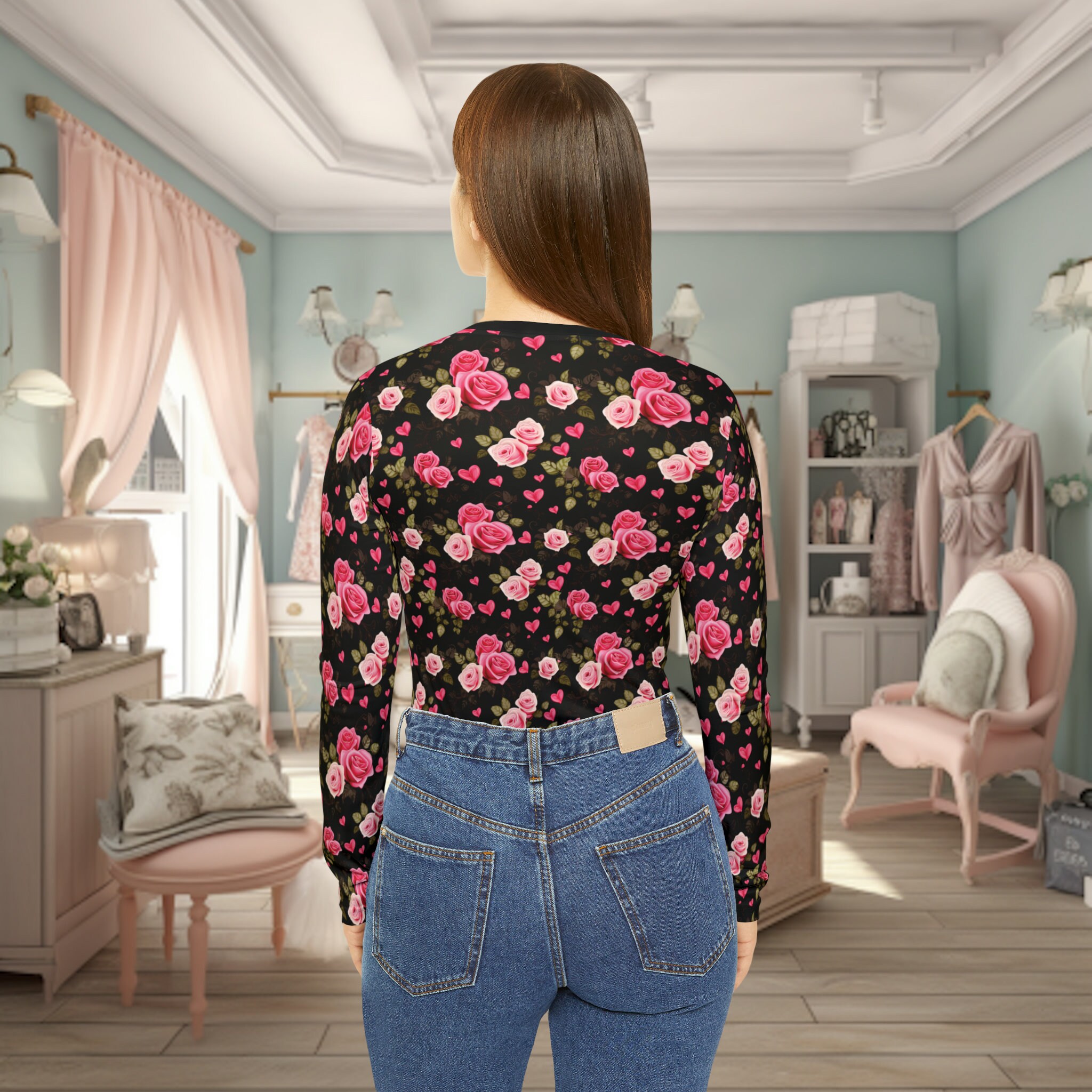 V-neck Long Sleeve Shirt Pink Roses and Hearts - Etsy