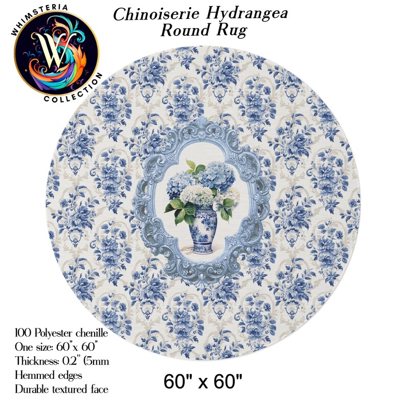 Chinoiserie Hydrangea Blue and White Round Rug, Chinoiserie Blue White