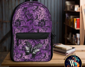 Gothic Moth Backpack: Deep Purple Pattern, Lightweight Waterproof Purse