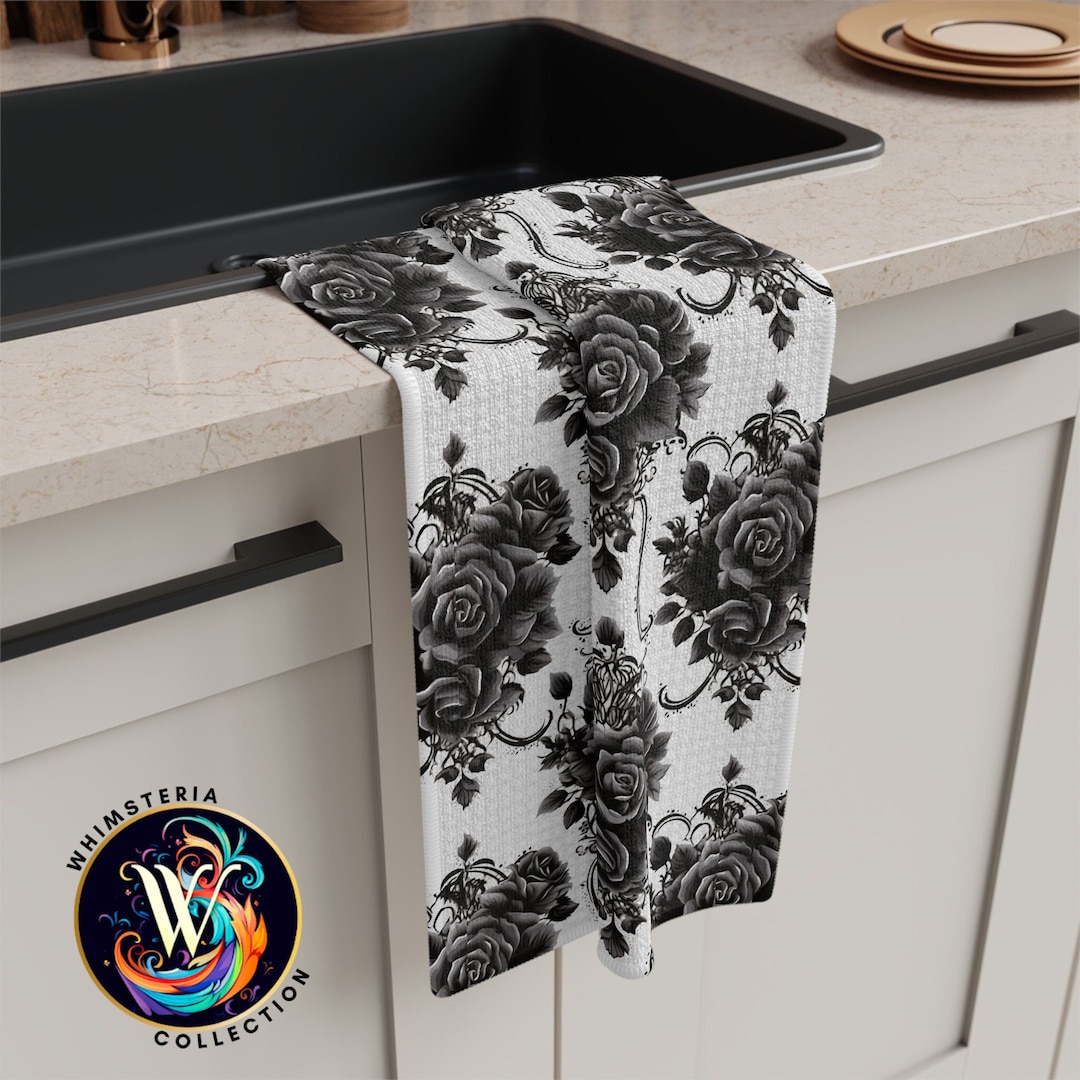 Gothic Victorian Black Rose Tea Towel, Gothic Kitchen Decor, Goth