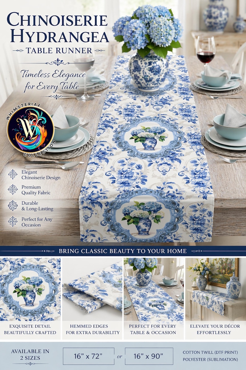 WhimsyMia Chinoiserie Hydrangea Table Runner - Thumbnail 3
