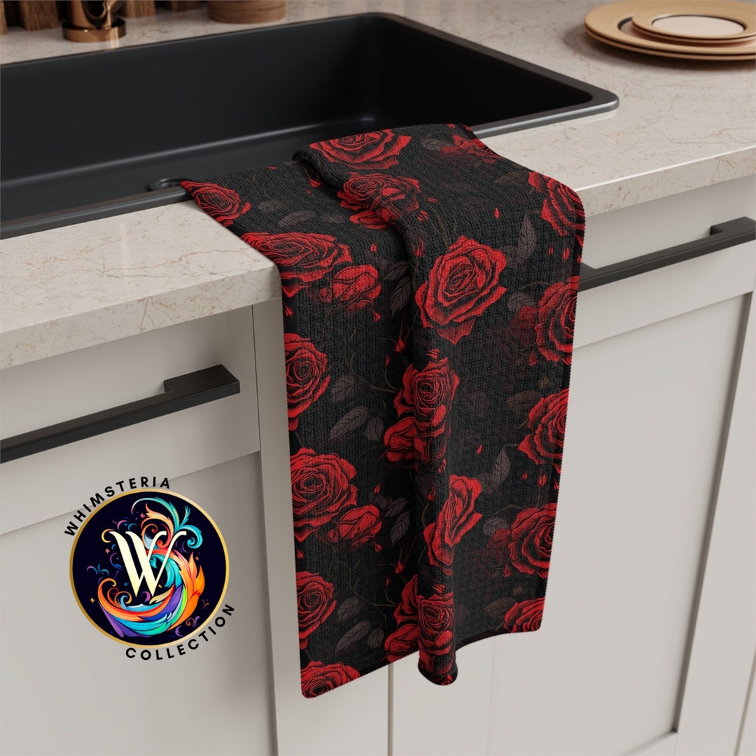Gothic Victorian Dark Red Rose Tea Towel, Goth Kitchen Decor, Cute Dish