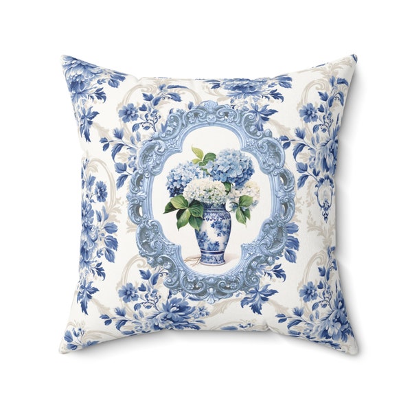 Chinoiserie Hydrangea Square Pillow Elegant Blue and White Chinoiserie Hydrangeas Throw Pillow for Grand Millennial Decor, Throw Pillow