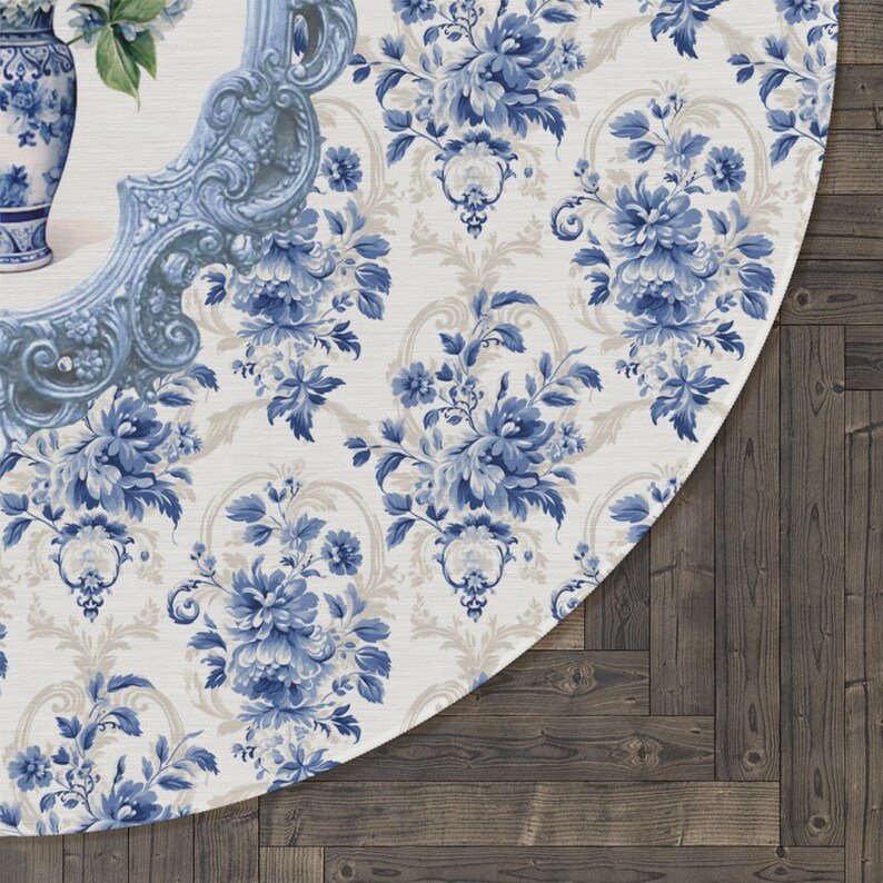 Chinoiserie Hydrangea Blue and White Round Rug, Chinoiserie Blue White