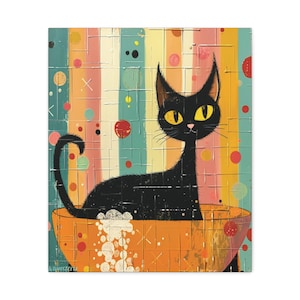 May include: A whimsical canvas art print featuring a black cat with yellow eyes, sitting in an orange bowl. The background has vertical stripes in various colors, with red and white polka dots. The cat has a long, curved tail.