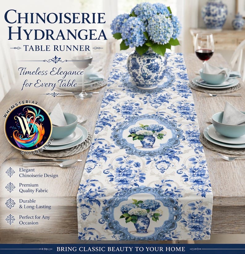 WhimsyMia Chinoiserie Hydrangea Table Runner - Thumbnail 2