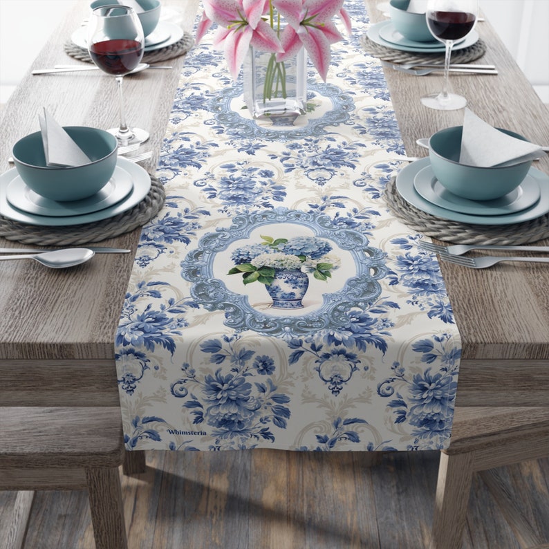 WhimsyMia Chinoiserie Hydrangea Table Runner