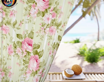 Shabby Chic Pink Rose Window Curtain | Green White Stripe Floral Drapery