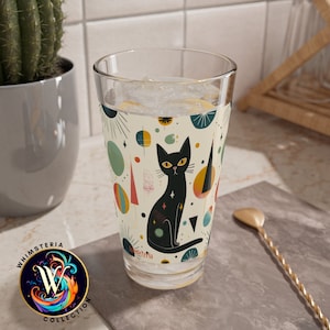 MCM Atomic Black Cat, Mid Century Modern, Retro Drinking/Mixing Glass, 16oz, Beer, Cocktail Glass, MCM Glassware Gift, Party Drinkware