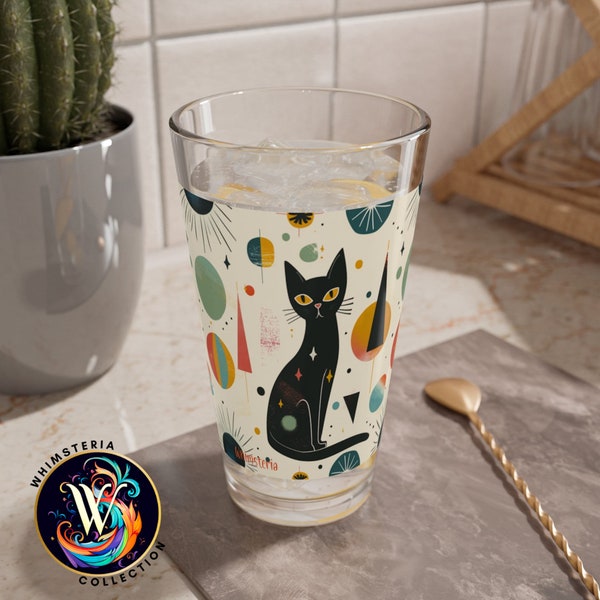 MCM Atomic Black Cat, Mid Century Modern, Retro Drinking/Mixing Glass, 16oz, Beer, Cocktail Glass, MCM Glassware Gift, Party Drinkware