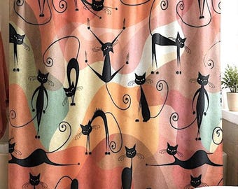 MCM Atomic Cats Shower Curtain: Retro Mid-Century Modern Bathroom Decor