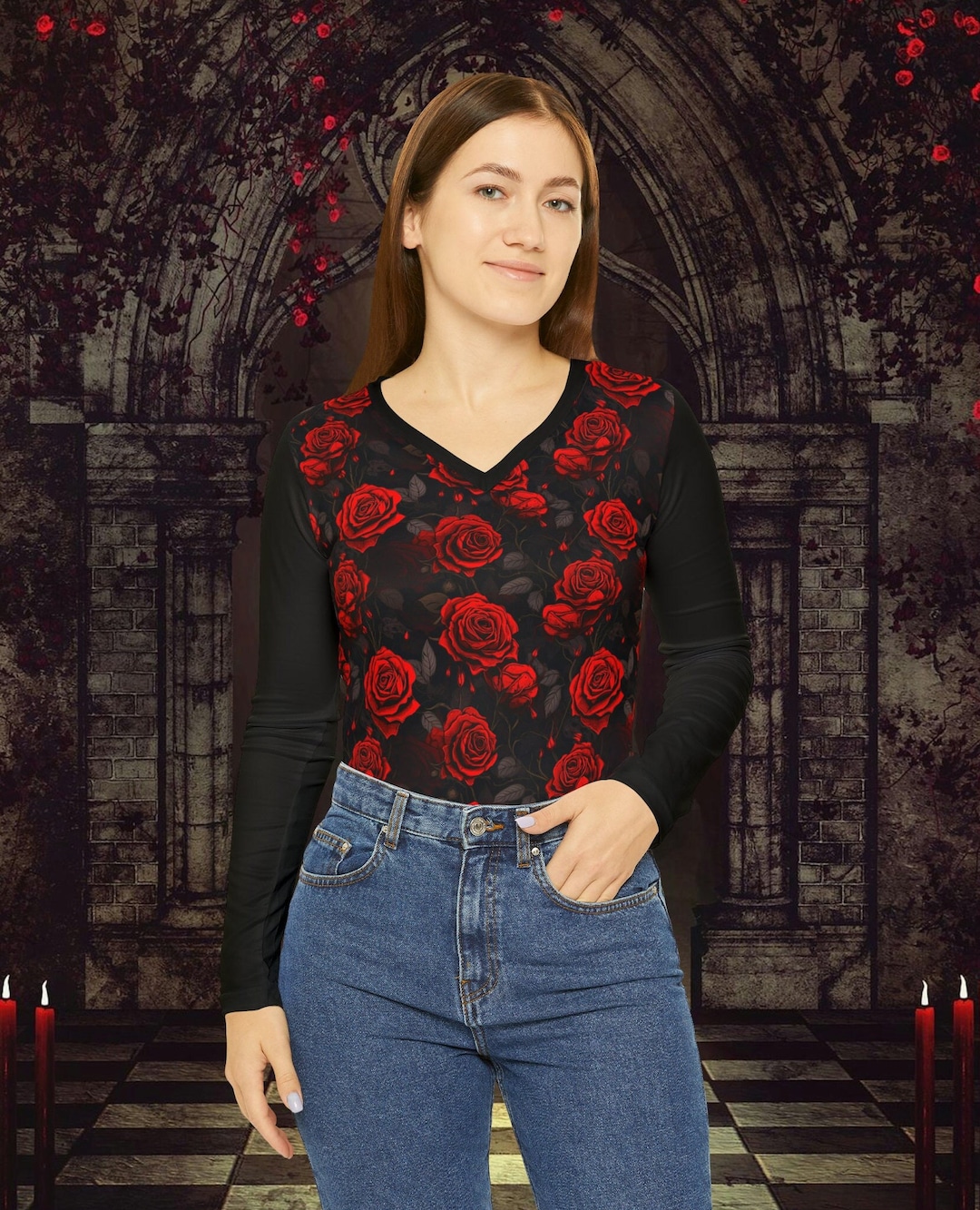 Women's Gothic Puff Sleeved Gradient Velvet Shirt Red main image 1