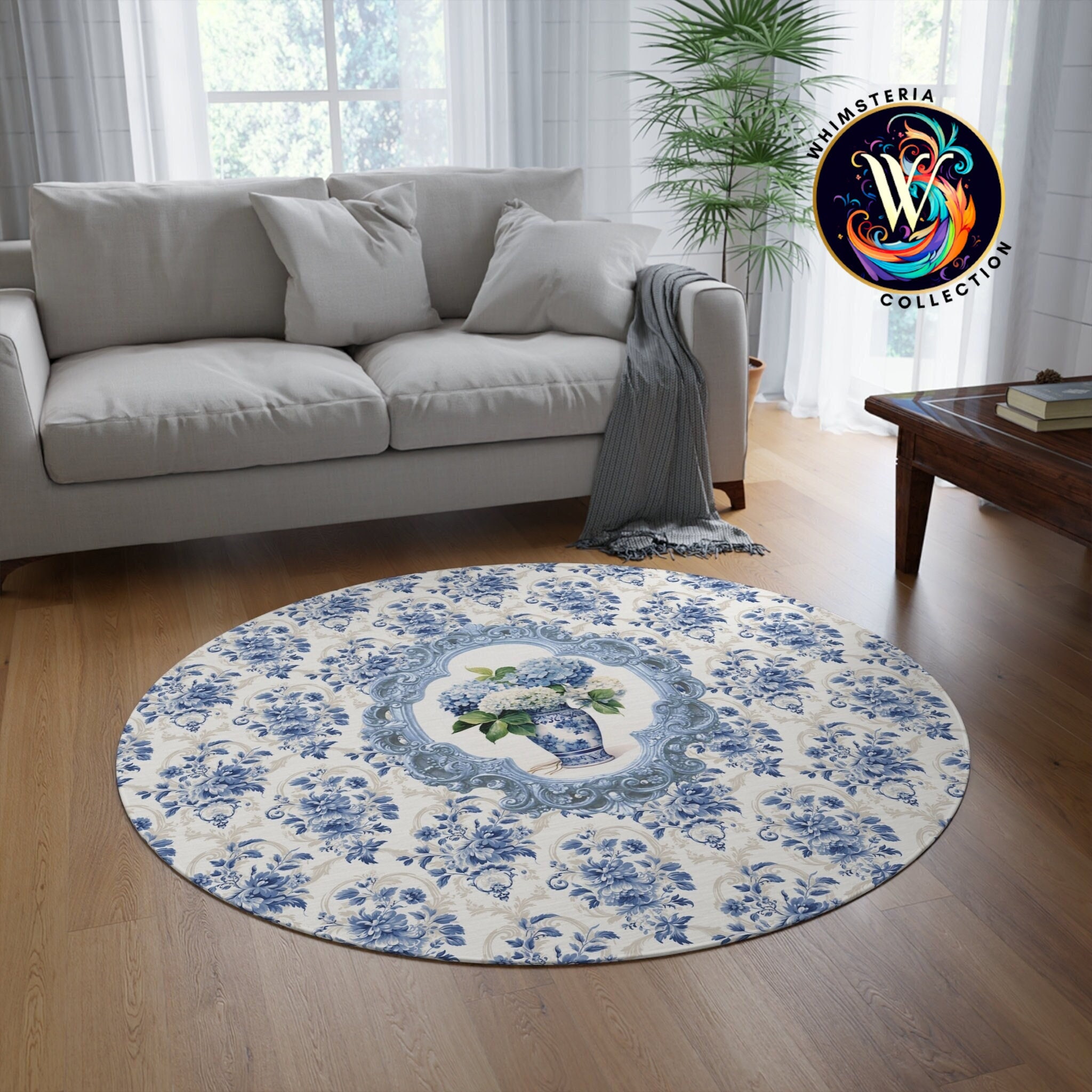 Chinoiserie Hydrangea Blue and White Round Rug, Chinoiserie Blue White ...