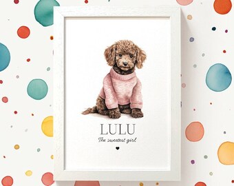 Personalized Poodle Art Print: Chocolate Brown Dog in Knitted Jumper