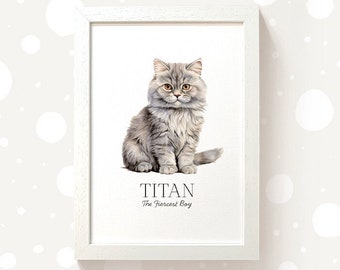 May include: A white framed print with a watercolor illustration of a gray cat sitting. The cat has yellow eyes and a fluffy coat. The text "TITAN The Fiercest Boy" is printed below the cat.