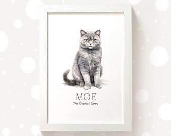 May include: A white framed print with a watercolor illustration of a gray cat. The cat is sitting with its paws tucked under its body. The text "MOE The Bestest Ever" is printed below the cat.