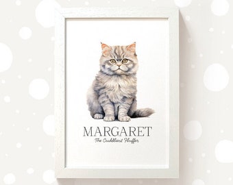 May include: A framed print of a gray and white cat with the name "MARGARET" and the text "The Cuddliest Fluffer" below the image.