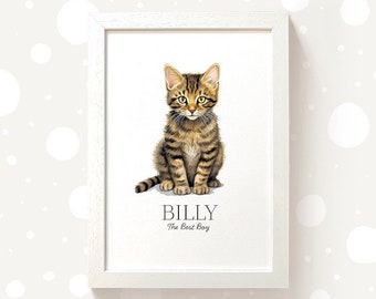 Personalised Tabby Cat Art Print - Mothers Day Gifts for Cat Moms, Cat Dad Housewarming Present with Name and Message, T1