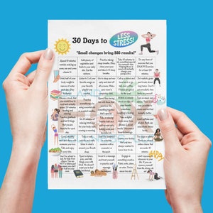 30 Days to Reduce Stress Reference Chart; Printable Instant Download; Mental Health Poster; At A Glance Information Poster; Handout; Coping